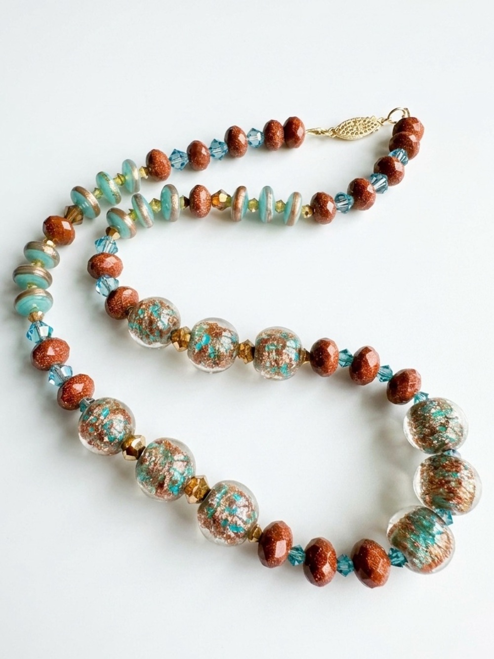 Artisan Murano Aqua Glass Bead & Faceted Goldstone Necklace 14K-GF Clasp 18” L